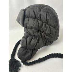 Prana Quilted Winter Hat Black Gray Fleece Ear Flaps Tassles Outdoor